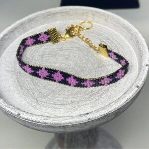 Handcrafted Loom-Beaded Bracelet Purple and Black Seed Bead Bracelet